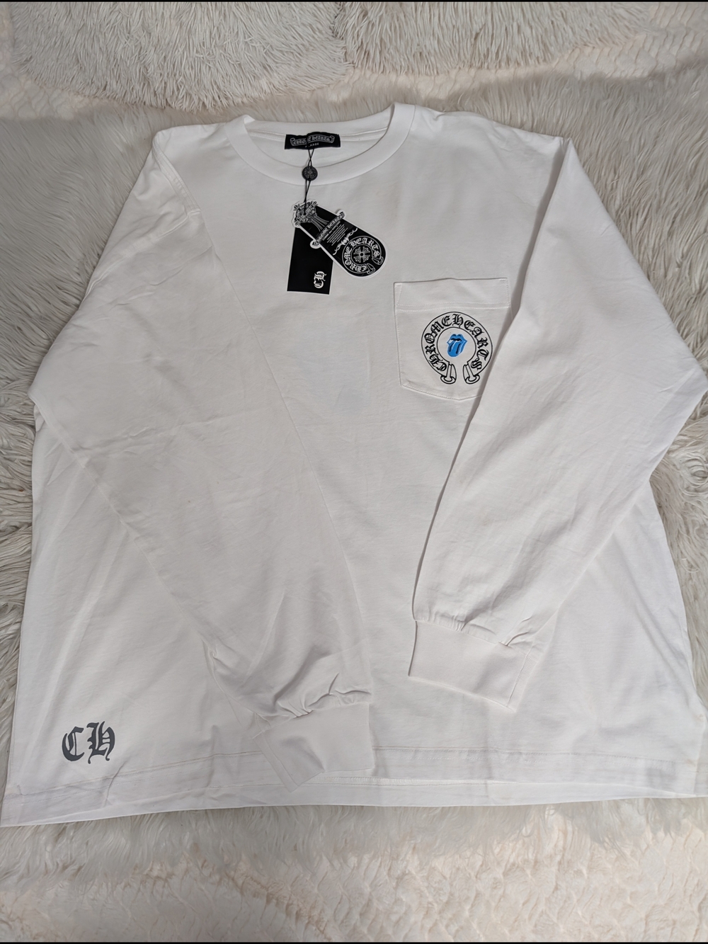 Chrome Hearts White Long-Sleeve Pocket Tee with Crest Patch